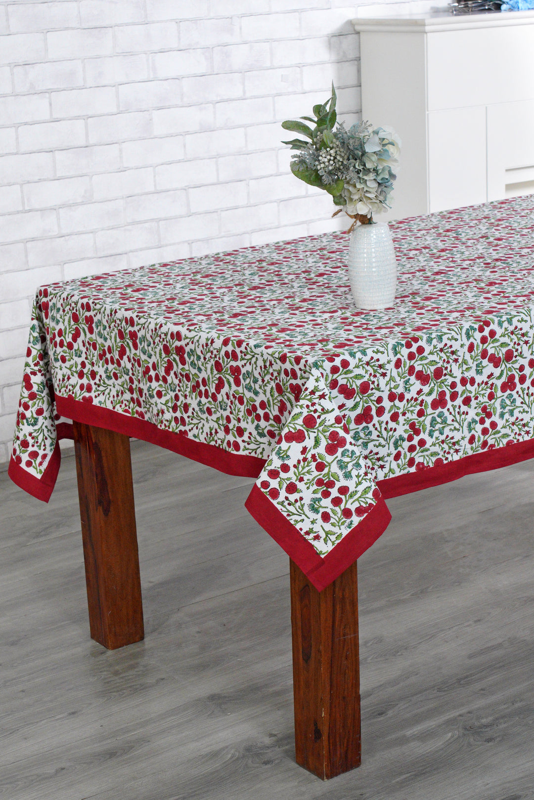 Garnet Red Cherry Print Indian Hand-Block Printed Cotton Tablecloth