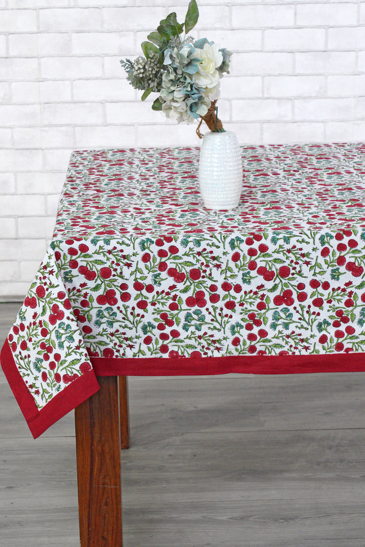 Fabricrush Cherry Red Block Print 100% Pure Cotton Rectangle Tablecloth And Table Cover For Farmhouse Wedding Holiday Gifts