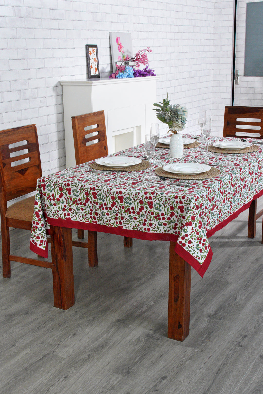 Garnet Red Cherry Print Indian Hand-Block Printed Cotton Tablecloth