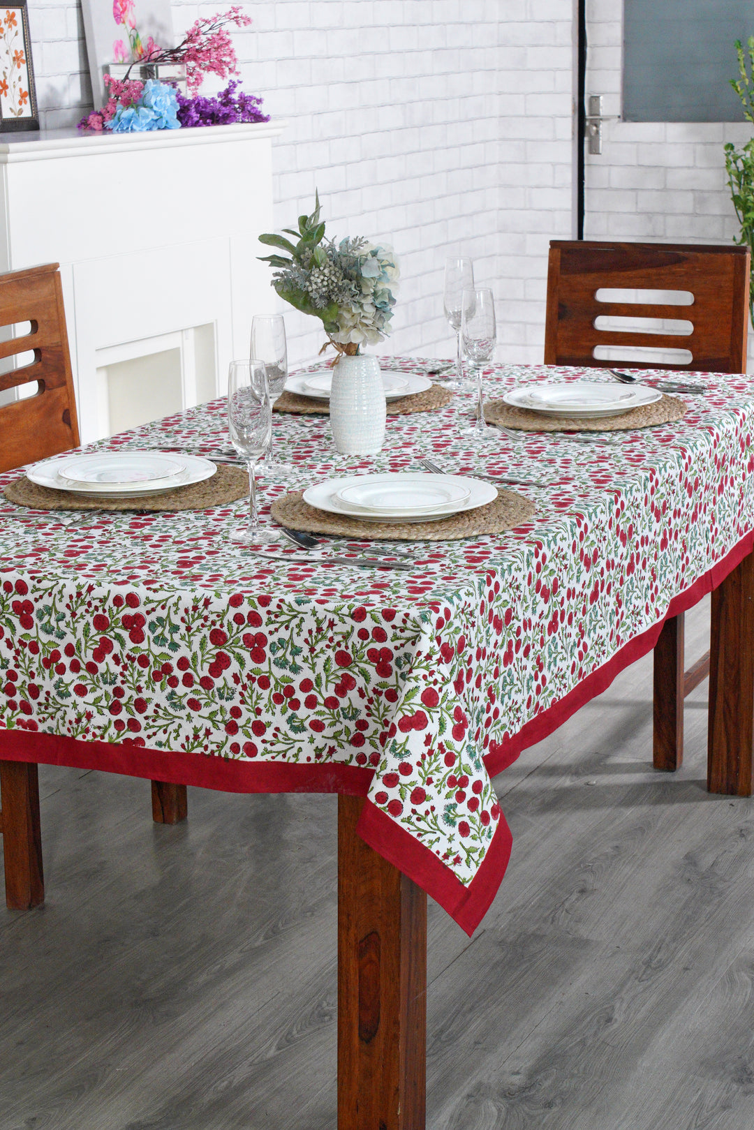 Garnet Red Cherry Print Indian Hand-Block Printed Cotton Tablecloth