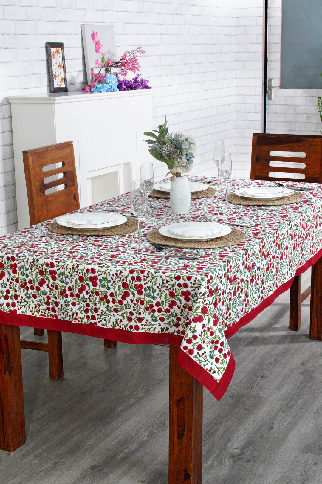 Garnet Red Cherry Print Indian Hand-Block Printed Cotton Tablecloth