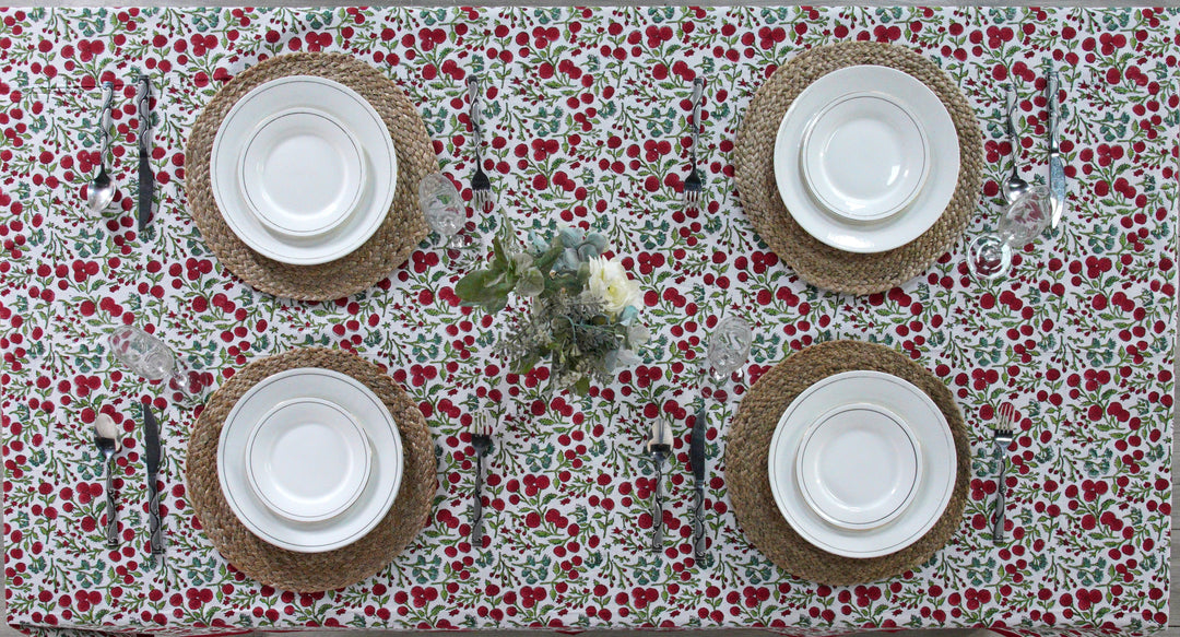 Garnet Red Cherry Print Indian Hand-Block Printed Cotton Tablecloth