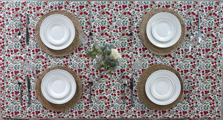 Garnet Red Cherry Print Indian Hand-Block Printed Cotton Tablecloth