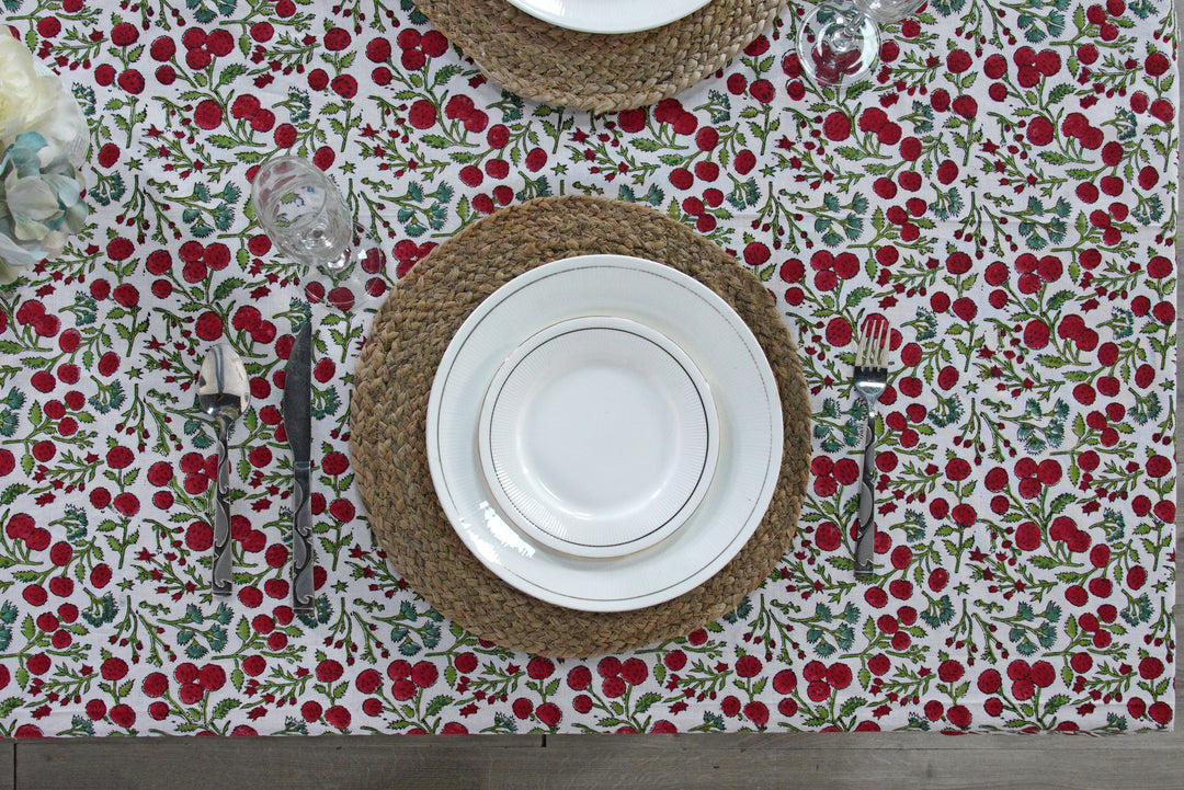 Garnet Red Cherry Print Indian Hand-Block Printed Cotton Tablecloth