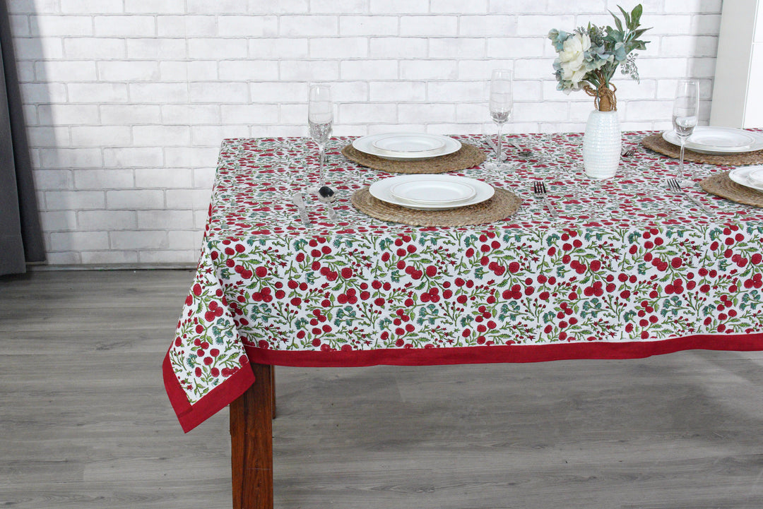 Fabricrush Cherry Red Block Print 100% Pure Cotton Rectangle Tablecloth And Table Cover For Farmhouse Wedding Holiday Gifts