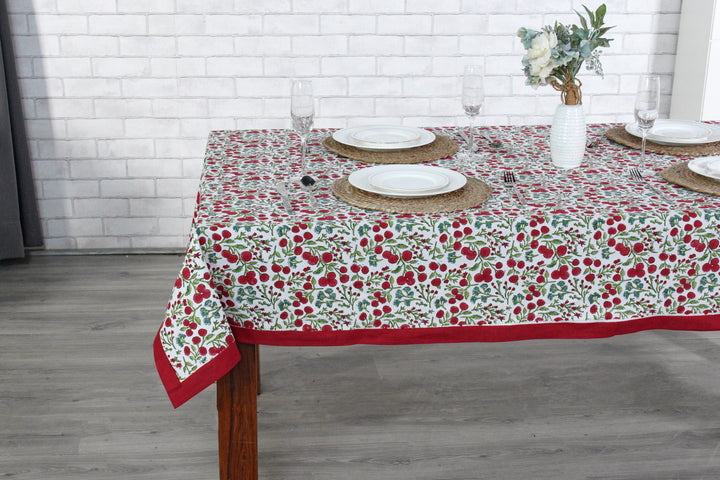 Garnet Red Cherry Print Indian Hand-Block Printed Cotton Tablecloth