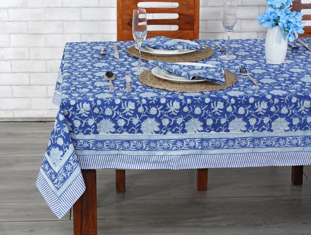 Aegean Blue Indian Floral Hand-Block Printed Cotton Tablecloth