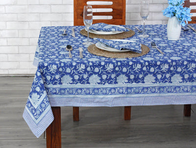 Fabricrush Prussian Blue Block Printed 100% Pure Cotton Tablecloth And Table Cover For Farmhouse Wedding Holiday Gifts