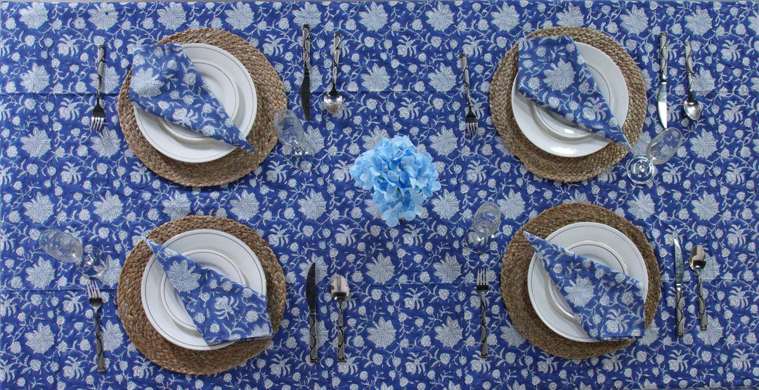 Aegean Blue Indian Floral Hand-Block Printed Cotton Tablecloth