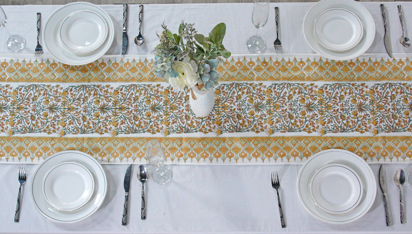 Goldenrod Yellow, Fern Green, Peanut Brown Indian Floral Hand Block Printed Cotton Table Runner, Wedding Decor Home Party Events Console