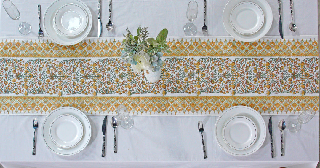 Fabricrush Goldenrod Yellow, Fern Green, Peanut Brown Indian Floral Hand Block Printed Cotton Table Runner, Wedding Decor, Gift for her