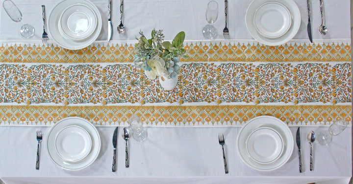 Fabricrush Goldenrod Yellow, Fern Green, Peanut Brown Indian Floral Hand Block Printed Cotton Table Runner, Wedding Decor, Gift for her