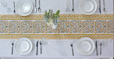 Goldenrod Yellow, Fern Green, Peanut Brown Indian Floral Hand Block Printed Cotton Table Runner, Wedding Decor Home Party Events Console