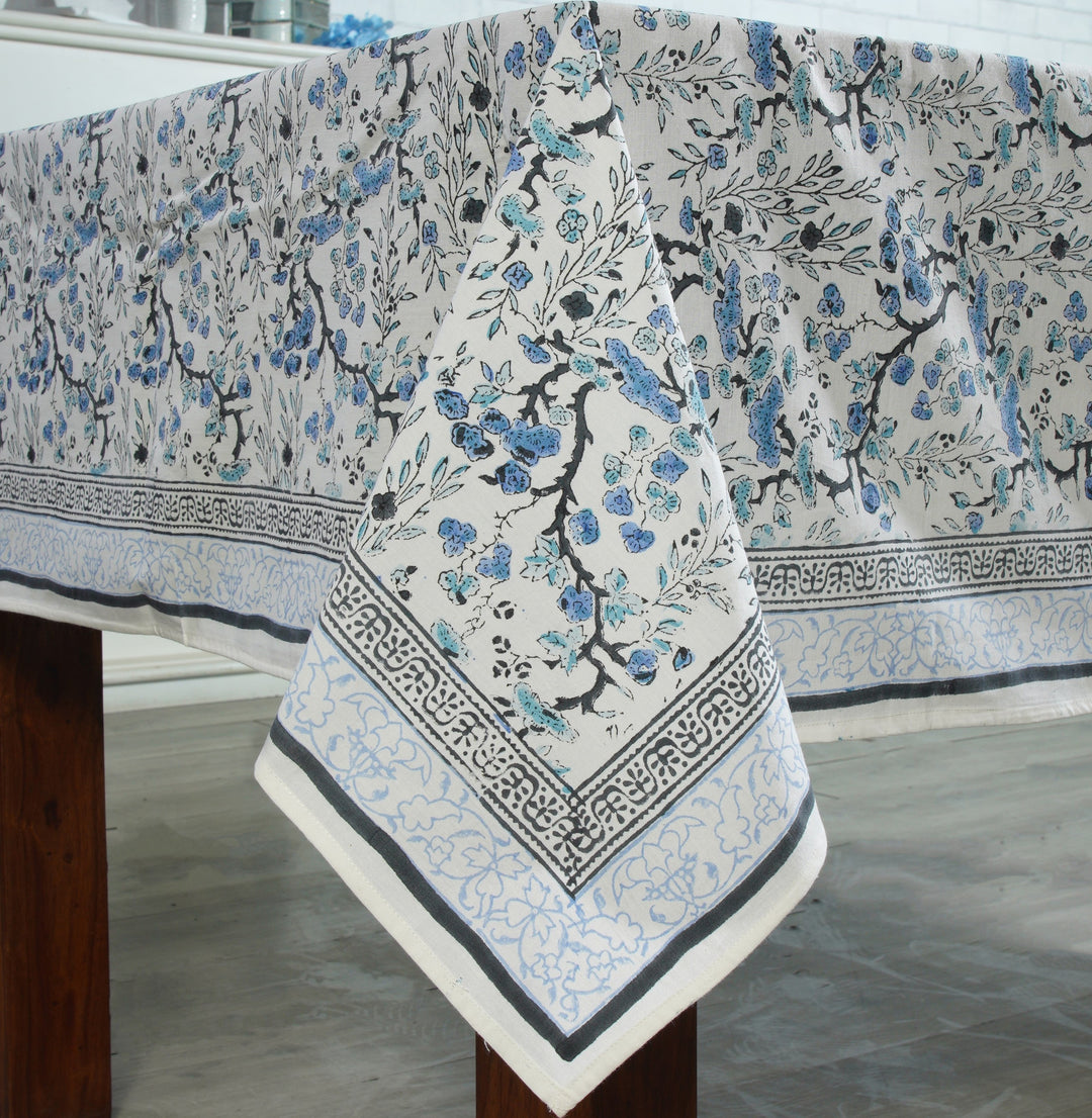 Spruce, Carolina and Powder Blue Indian Floral Hand-Block Printed Cotton Tablecloth