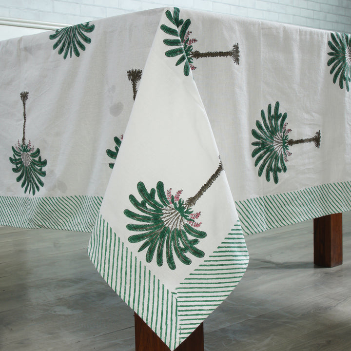 Fabricrush Pine Green and Peanut Brown Print Tablecloth, Palm Tree Print with Green Striped Border, Indian Hand Block Printed Tablecloth, Gift for her, gifts, Valentine's day, Spring, Easter