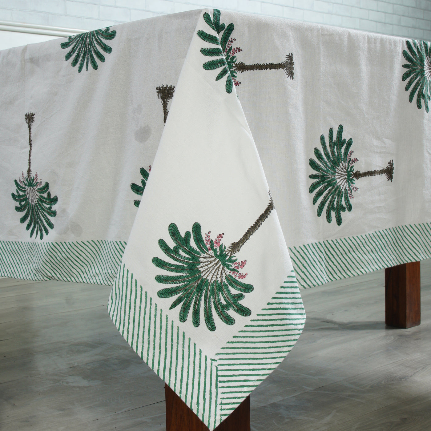 Fabricrush Pine Green and Peanut Brown Print Tablecloth, Palm Tree Print with Green Striped Border, Indian Hand Block Printed Tablecloth