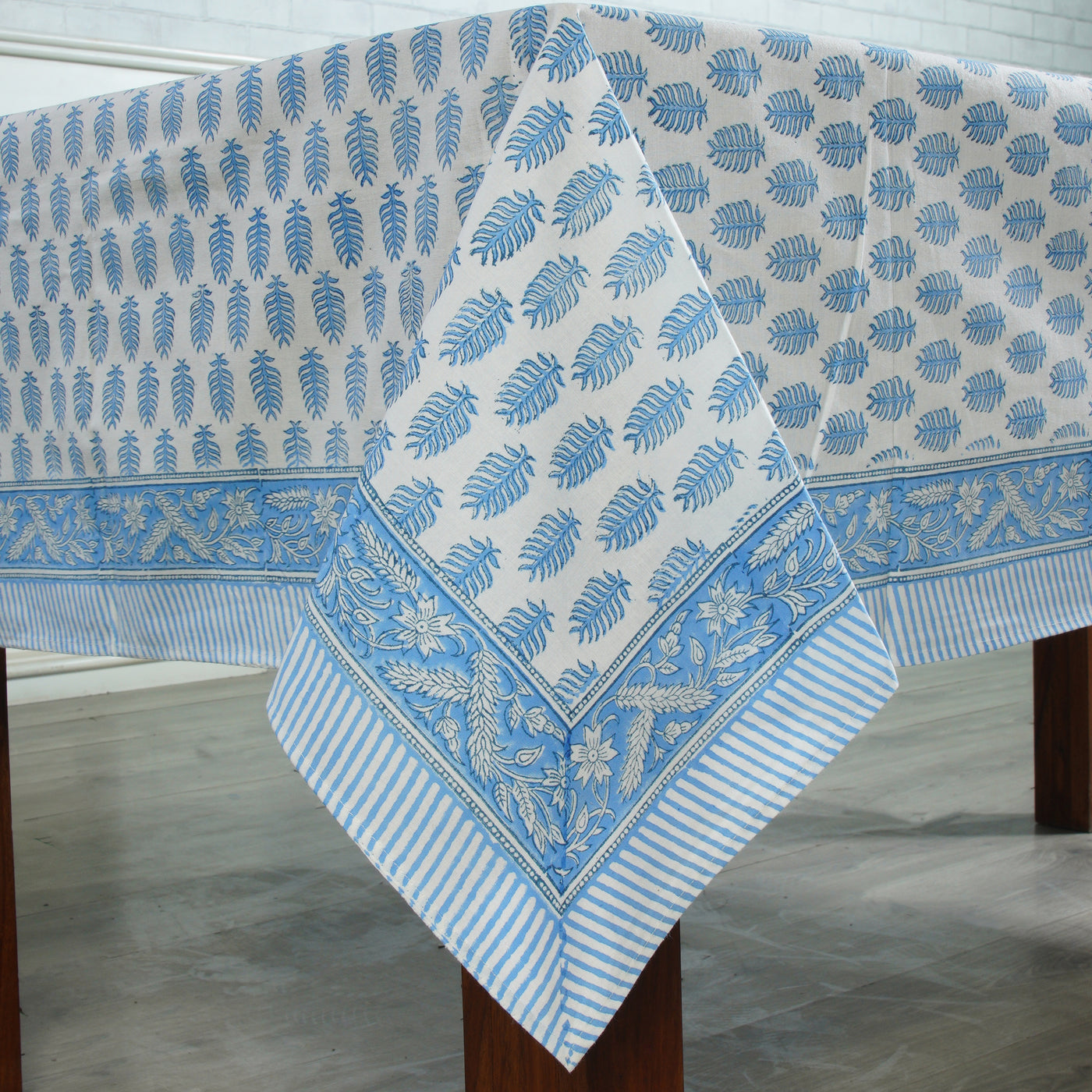 Fabricrush Cerulean Blue and White Handmade Indian Block Print Easter Thanksgiving Tablecloth