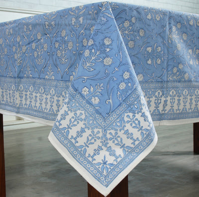Fabricrush Cornflower Blue And White Block Print Tablecloth Table Cover India Cotton Table Linen