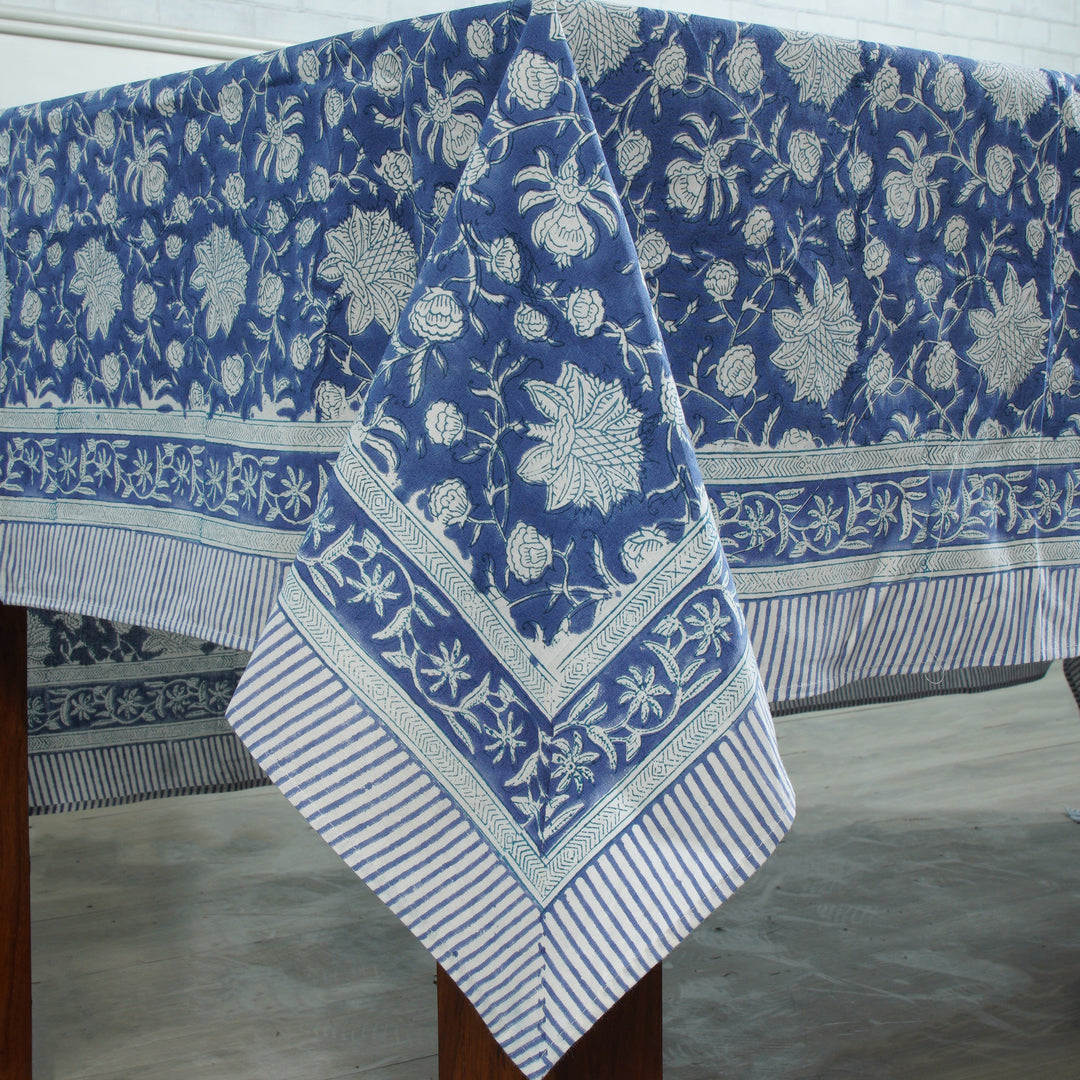 Aegean Blue Indian Floral Hand-Block Printed Cotton Tablecloth