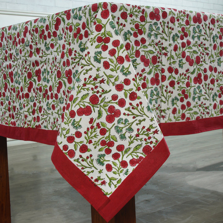 Garnet Red Cherry Print Indian Hand-Block Printed Cotton Tablecloth