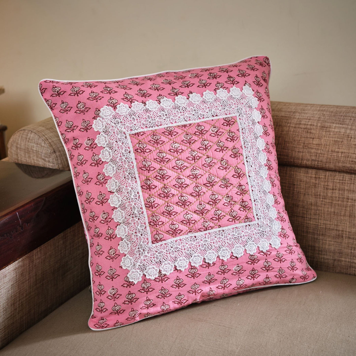 The Fabricrush  Pillowcases & Shams Lace Quilted Pink Pillow Cushion Cover