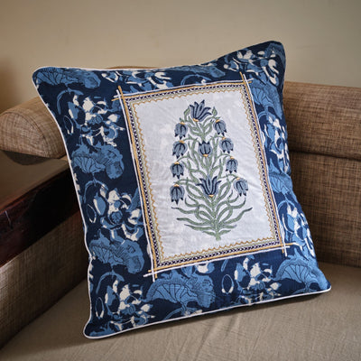 The Fabricrush  Pillowcases & Shams Tree of Life Blue Embroidered Cushion Cover