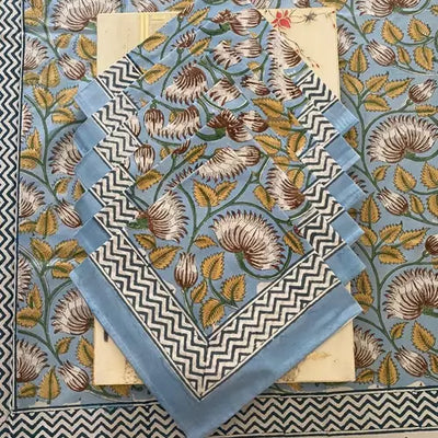 Fabricrush Carolina Blue, Goldenrod Yellow Indian Hand Block Floral Printed Cotton Tablecloth, Home, Office, Restaurants