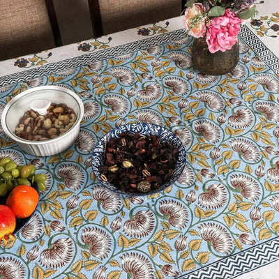 Fabricrush Carolina Blue, Goldenrod Yellow Indian Hand Block Floral Printed Cotton Tablecloth, Home, Office, Restaurants