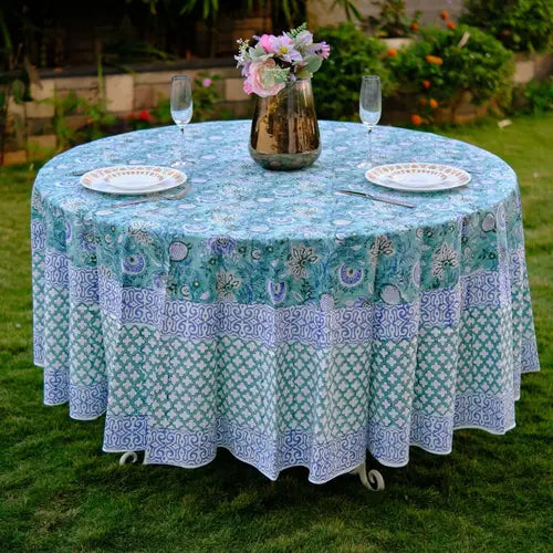Teal and Air Force Blue Round Table Cover, Tablecloth, Table Linen, Dining Table Decor, Blue Tablecloth, India Block Print Round Tablecloth