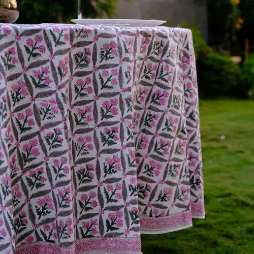 Water melon Pink Indian Floral Hand-Block Printed Cotton Round Tablecloth