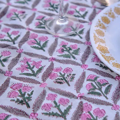 Water melon Pink Indian Floral Hand-Block Printed Cotton Round Tablecloth