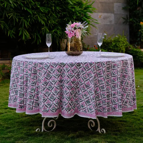 Pink And Green Round Table Cloth, Hand Block Print Tablecloth Block Print Floral Cotton Table Cover
