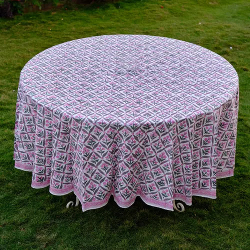 Water melon Pink Indian Floral Hand-Block Printed Cotton Round Tablecloth