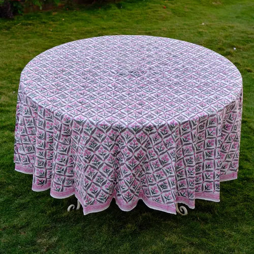 Pink And Green Round Table Cloth, Hand Block Print Tablecloth Block Print Floral Cotton Table Cover