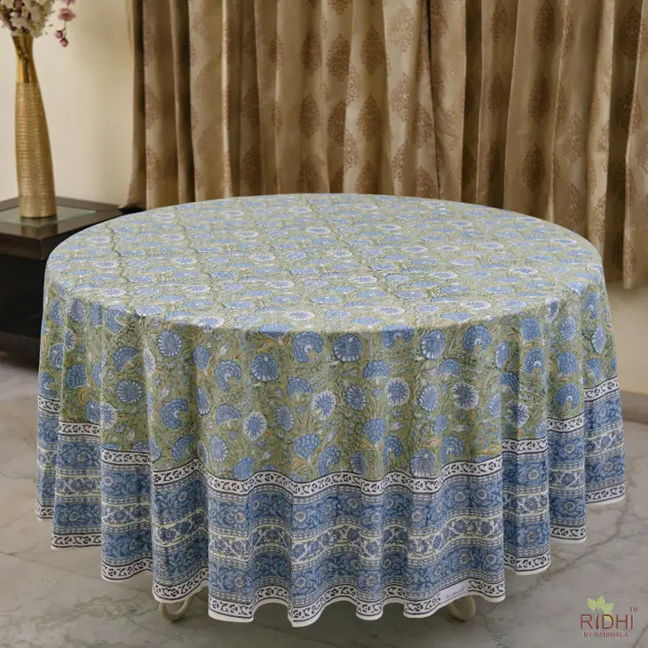 Blue and White Hand Block Floral Cotton Round Tablecloth Available in Multiple sizes. Ideal for Home Décor, Wedding, Birthday, Anniversary, House Warming Farmhouse, Mother and Daughter, Valentine's day,  Easter, Spring