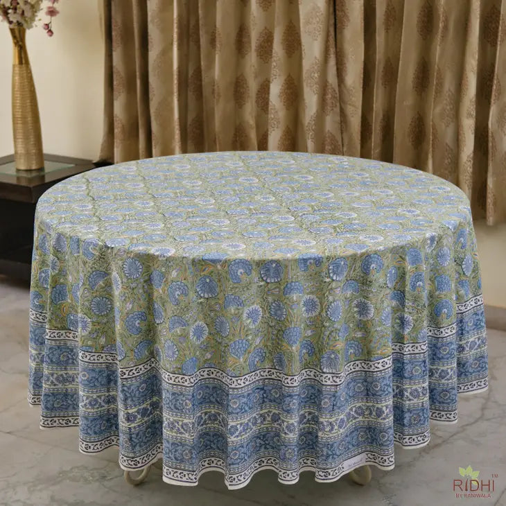 Fabricrush Asparagus Green, Air Force Blue Round Tablecloth, Indian Hand Block Floral Printed Cotton Table Cover