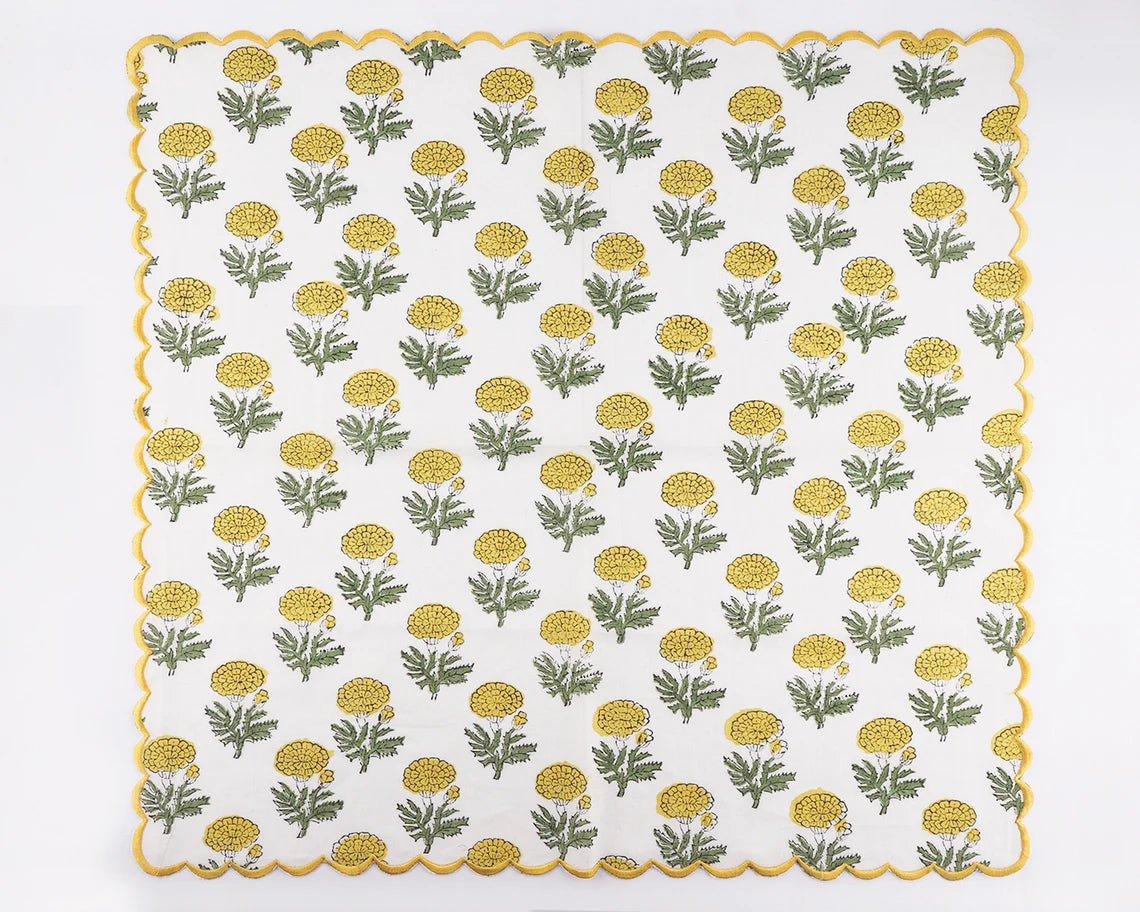 Bumblebee Yellow, Marigold Flower Print Embroidery Scalloped Block Printed Cotton Cloth Napkins, 9x9"-Cocktail Napkins 20x20"- Dinner Napkin