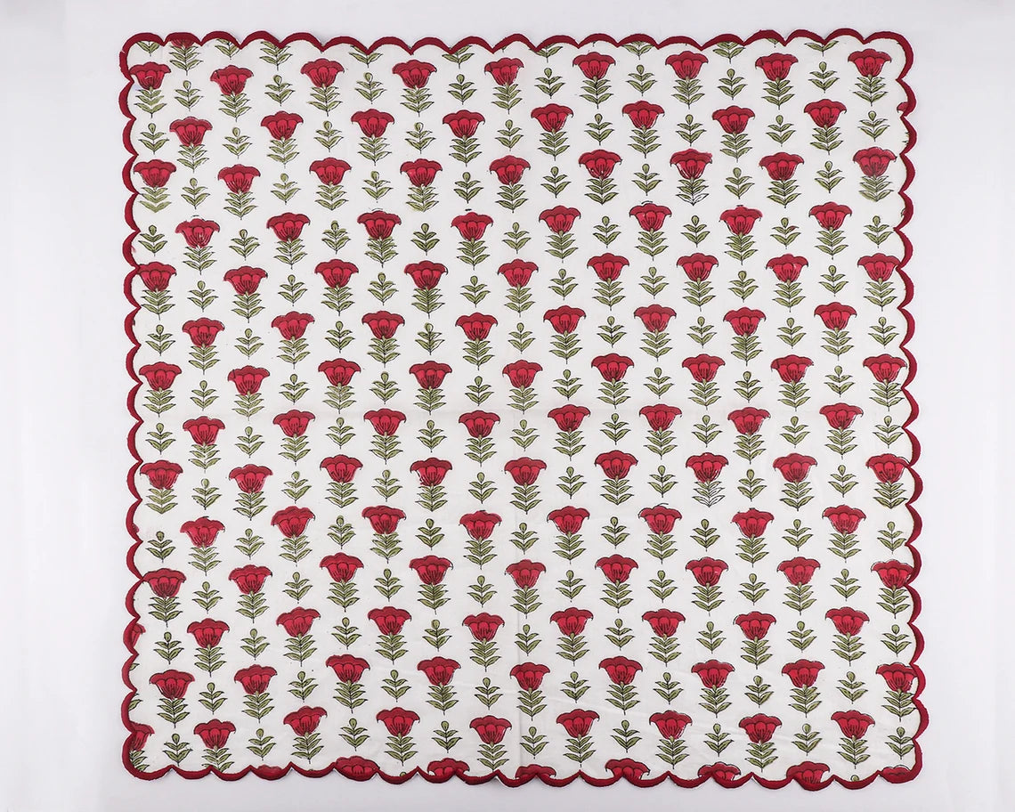 Apple and Cherry Red, Olive Green Indian Hand Block Floral Printed Pure Cotton Cloth Napkins, 9x9"- Cocktail Napkins, 20x20"- Dinner Napkins