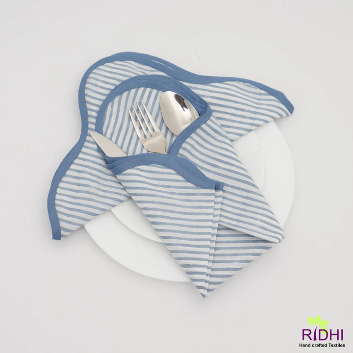 Green, Blue, Mustard Stripes India Print 100% Pure Cotton Cloth Napkins