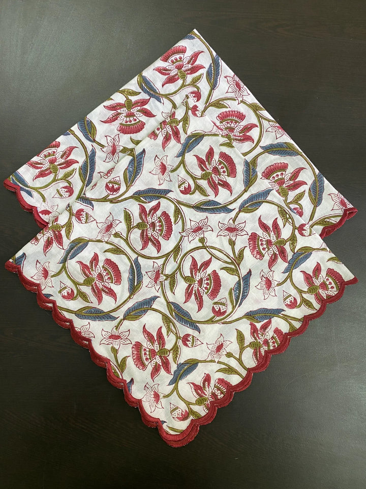 Fabricrush Blood Red, Spruce Blue, Army Green Floral Printed Indian Hand Block Pure Cotton Cloth Napkins, 18x18"-Cocktail Napkins, 20x20"- Dinner Napkins, Gift for her, gifts, Halloween, Christmas, Thanksgiving