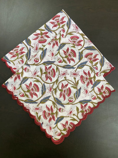 Blood Red, Spruce Blue, Army Green Floral Printed Indian Hand Block Pure Cotton Cloth Napkins, 9x9"-Cocktail Napkins, 20x20"- Dinner Napkins