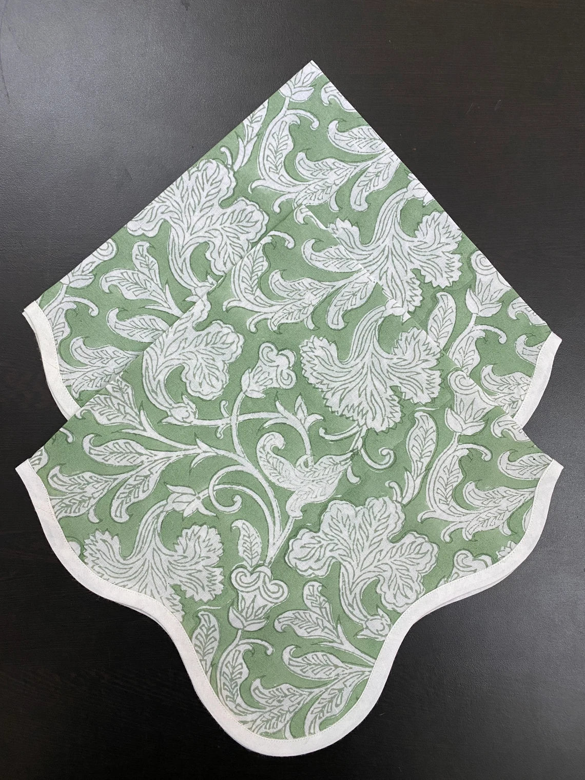 Fabricrush Sage Green and Off White Indian Hand Block Floral Printed Cotton Cloth Piping Napkins, Wedding Birthday Anniversary Restaurant Farmhouse, 20x20"-Dinner Napkins