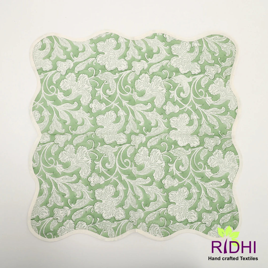 Fabricrush Sage Green Indian Hand Block Floral Printed Cotton Cloth Piping Napkins