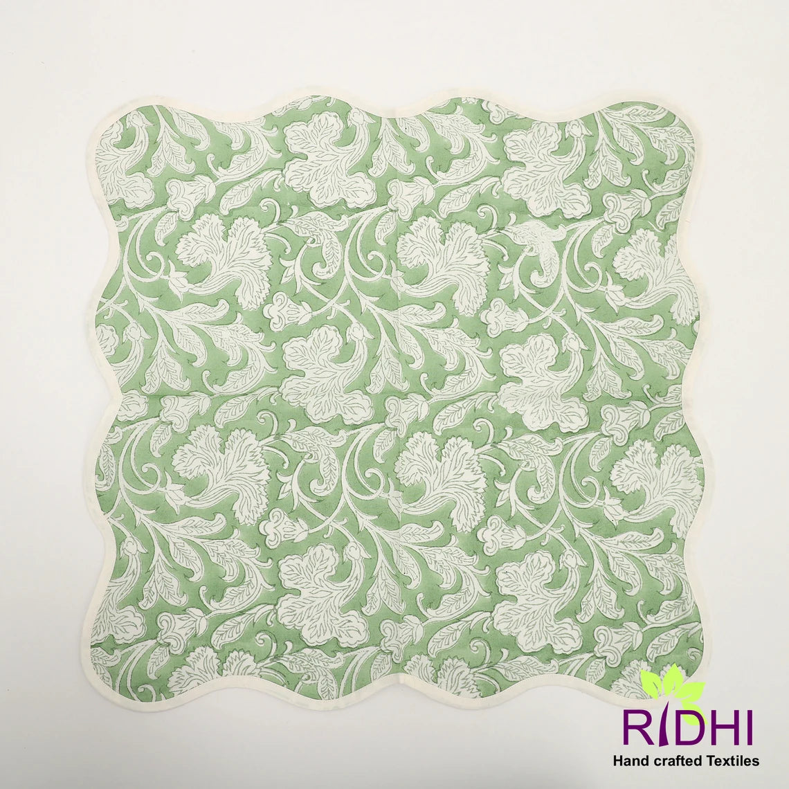 Fabricrush Sage Green and Off White Indian Hand Block Floral Printed Cotton Cloth Piping Napkins, Wedding Birthday Anniversary Restaurant Farmhouse, 20x20"-Dinner Napkins