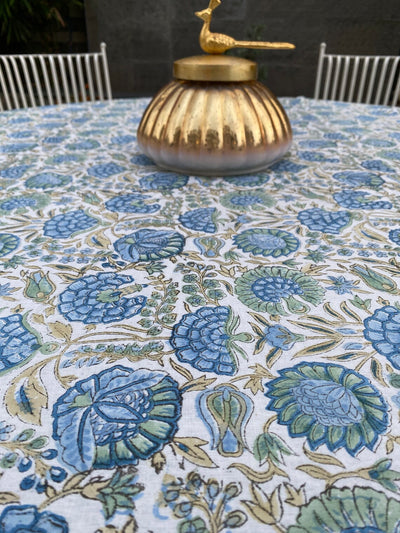 Asparagus Green, Air Force Blue Indian Hand Block Floral Printed Cotton Cloth Round Tablecloth, Farmhouse Wedding Home Events Party Gifts