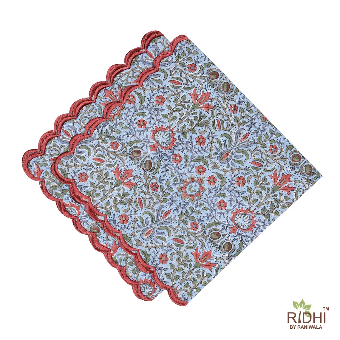 Airforce Blue, Army Green, Sangria Red Indian Floral Hand Block Printed Cotton Cloth Napkins, 9x9"- Cocktail Napkins, 20x20"- Dinner Napkins