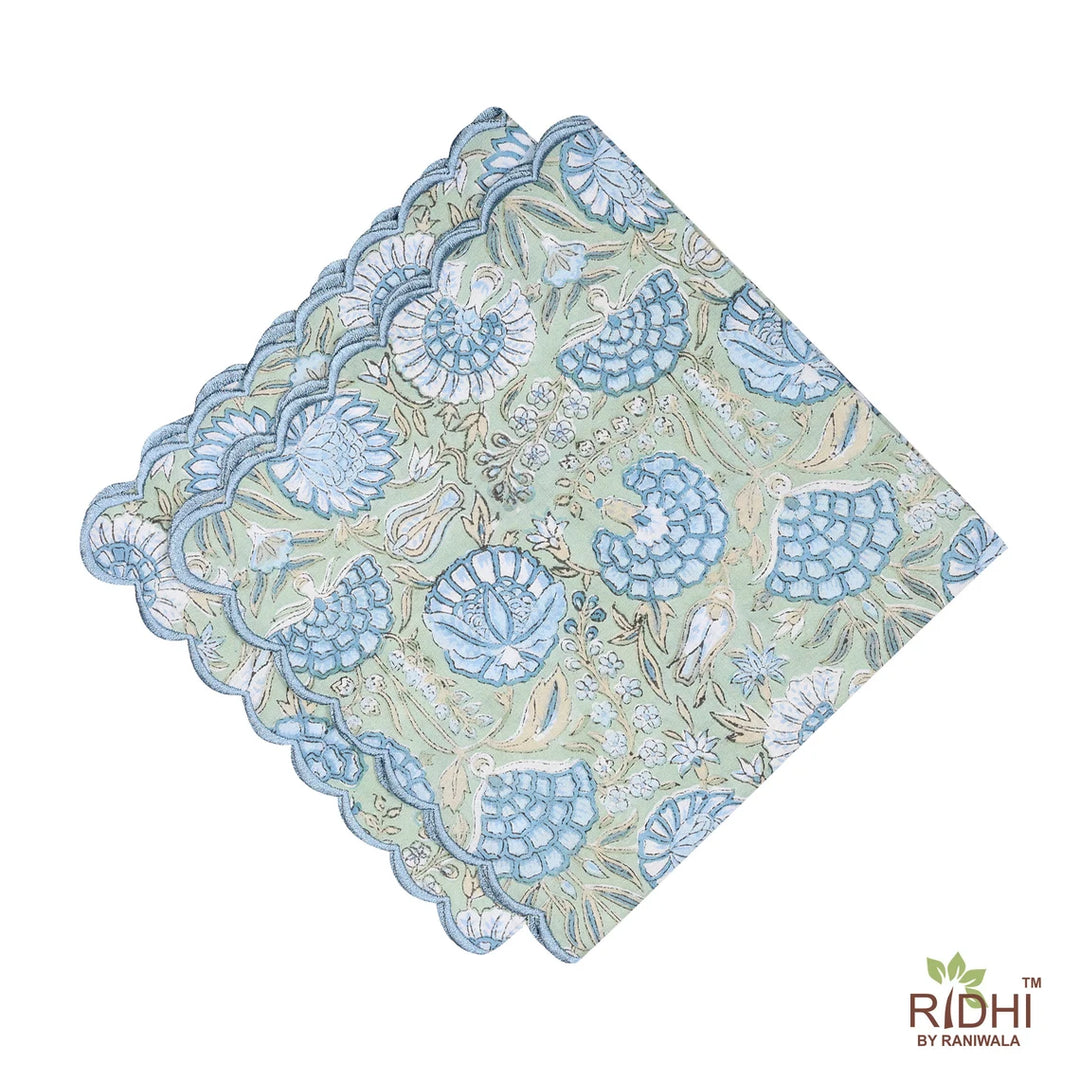 Fabricrush Asparagus Green, Airforce Blue Indian Floral Hand Block Printed Pure Cotton Cloth Napkins, 18x18"- Cocktail Napkins, 20x20"- Dinner Napkins, Gift for her, gifts, Halloween, Christmas, Thanksgiving