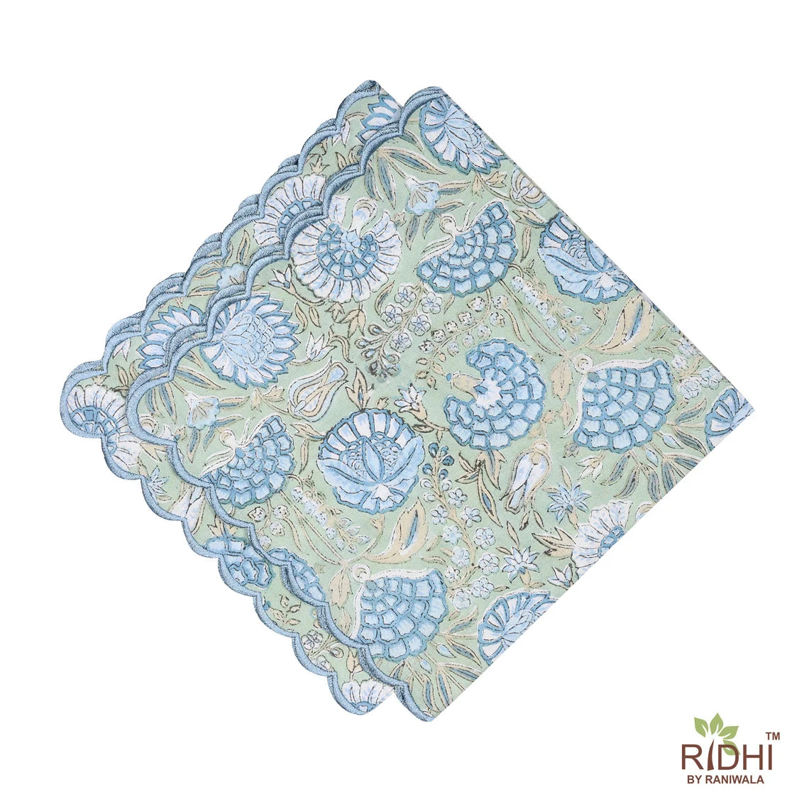 Asparagus Green, Airforce Blue Indian Floral Hand Block Printed Pure Cotton Cloth Napkins, 9x9"- Cocktail Napkins, 20x20"- Dinner Napkins