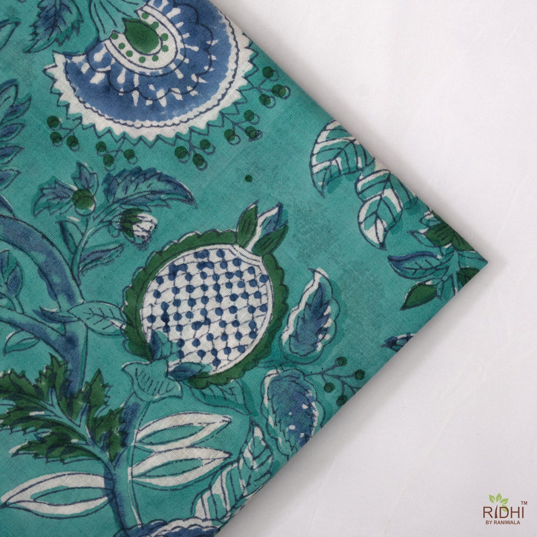 Sapphire Green and Yale Blue Indian Floral Hand Block Print Cotton Embroidery Napkins