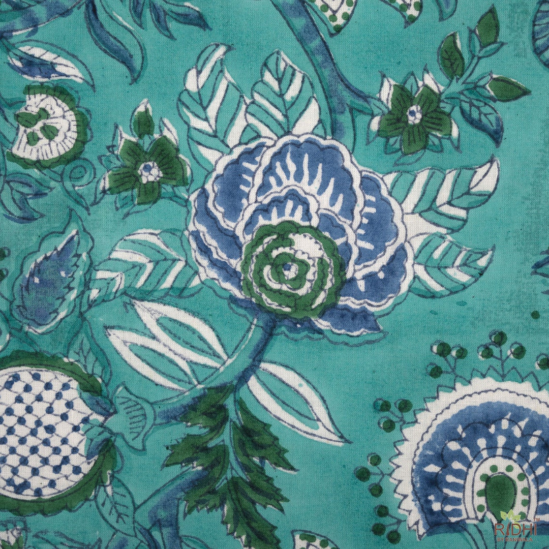 Sapphire Green and Yale Blue Indian Floral Hand Block Print Cotton Embroidery Napkins